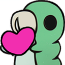 A green caterpillar holding a pink heart