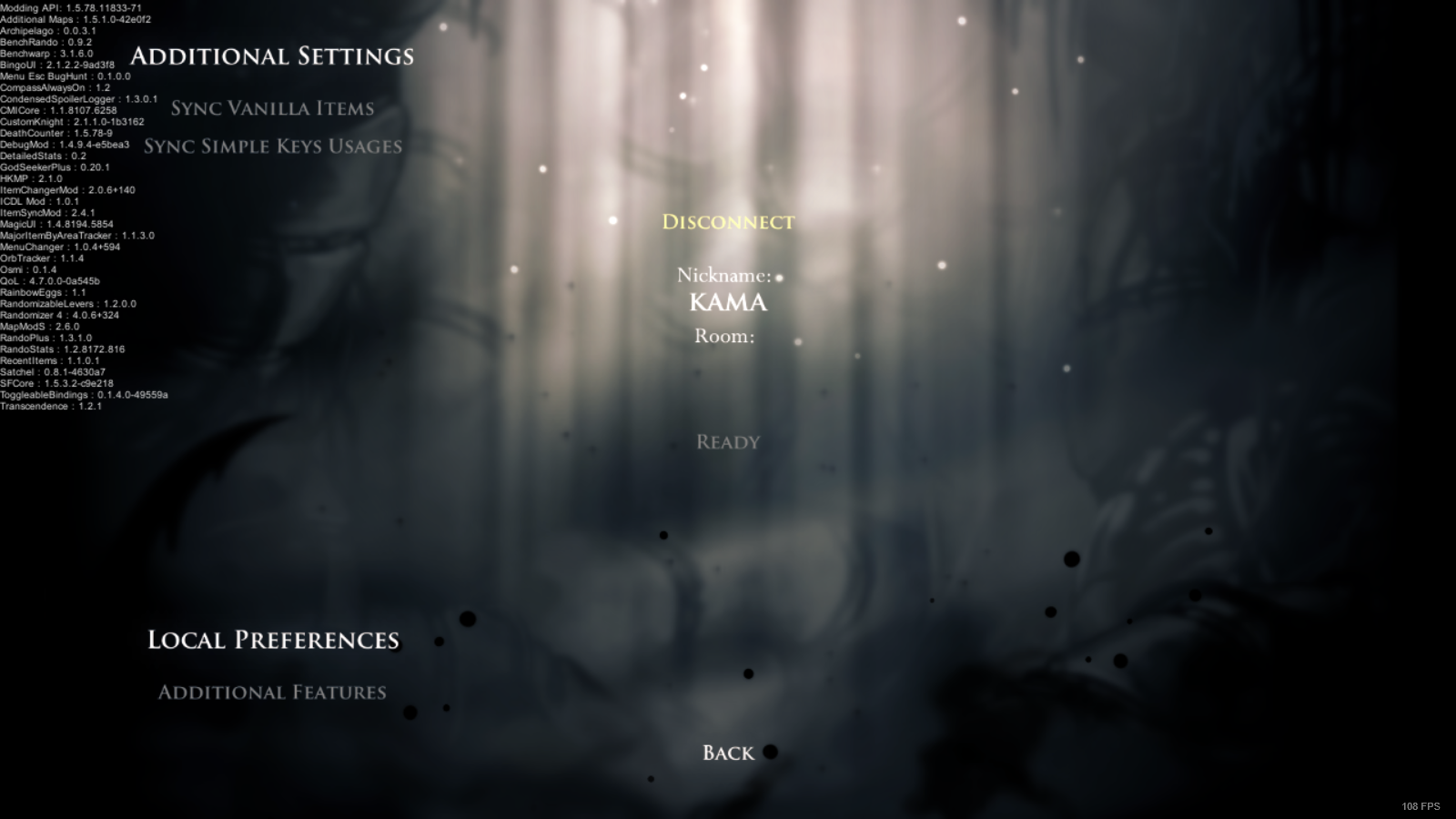 A screenshot of the Randomizer 4 itemsync menu after hitting connect. There are two fields: nickname and room. The user has filled in Kama as their nickname.