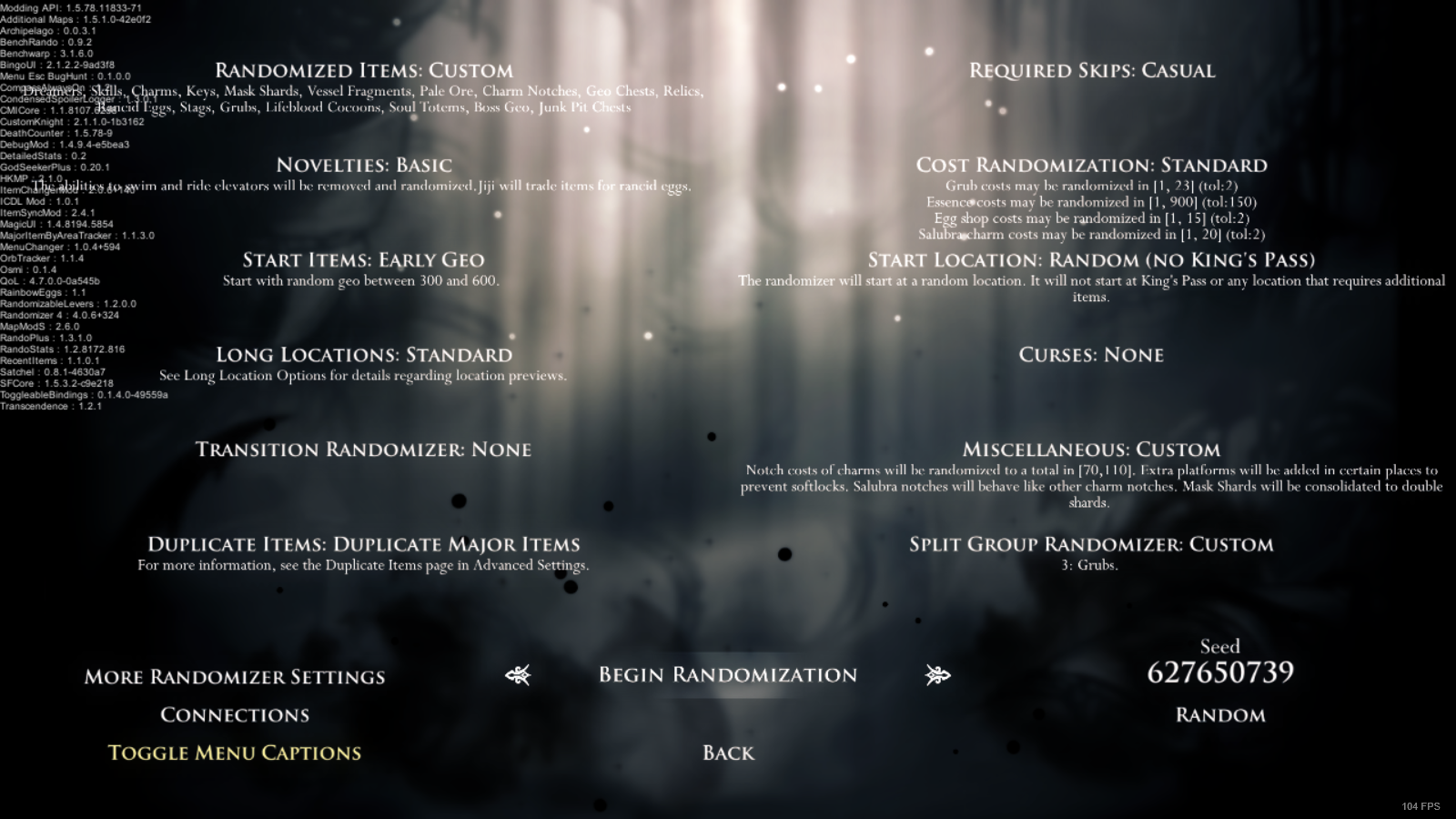 A screenshot of the Randomizer 4 mod menu with begin randomization highlighted on the bottom center of the screen