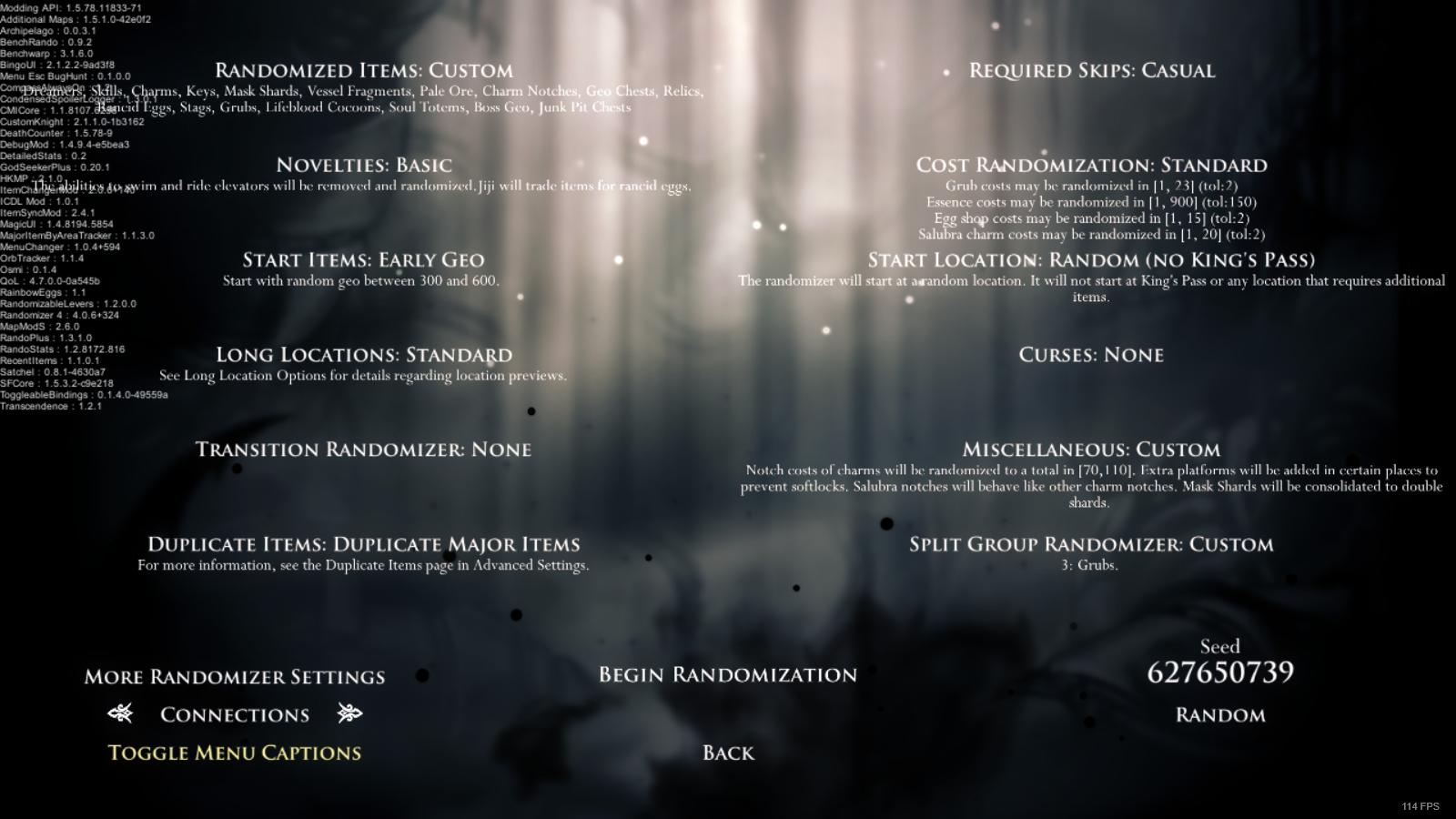 A screenshot of the Randomizer 4 mod menu with connections highlighted on the bottom left of the screen