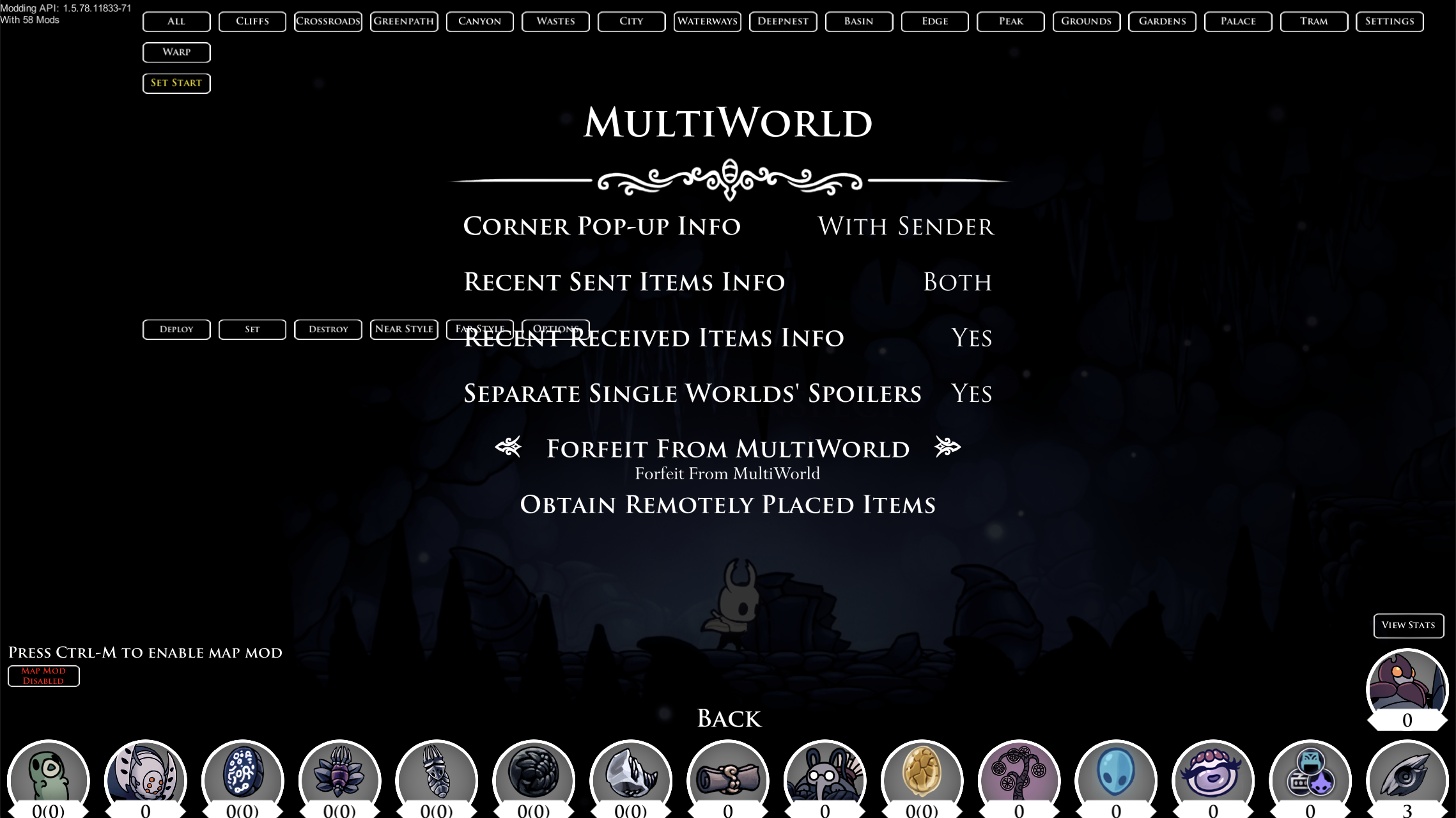 A screenshot of the Randomizer 4 multiworld in-game options menu. There are options for Corner Pop-up Info, Recent Sent Items Info, Recent Received Items Info, and Separate Single Worlds' Spoilers. Below these are two buttons: Forfeit from MultiWorld and Obtain Remotely Placed Items, the first of which is highlighted.