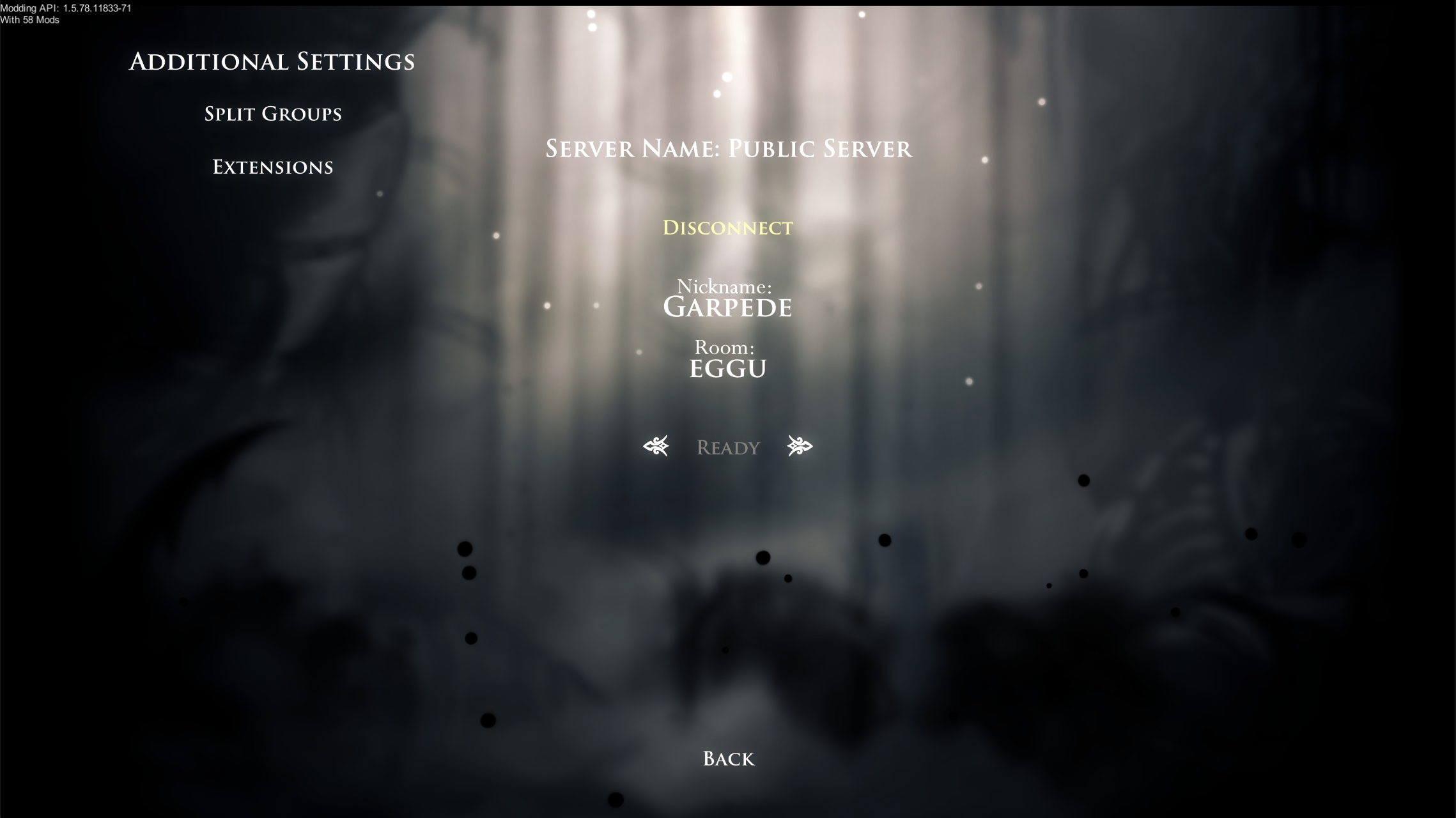 A screenshot of the Randomizer 4 multiworld menu after connecting. In the center of the screen there is a nickname field and a room field. They are filled with 'Garpede' and 'eggu' respectively. There is a Ready button directly below these fields, which is highlighted.