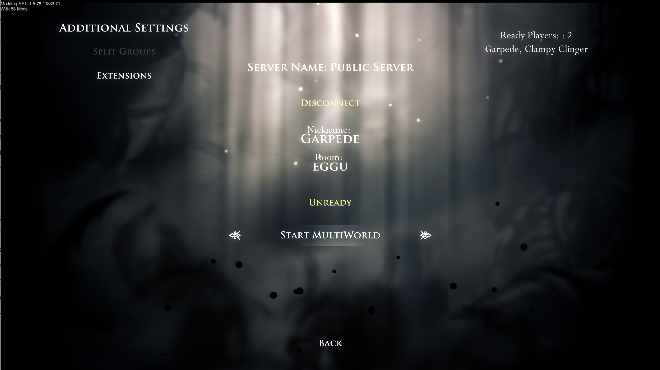 A screenshot of the Randomizer 4 multiworld menu after pressing Ready. In the top right corner of the screen, there is a message indicating that there are 2 players ready, who are Garpede and Clampy Clinger. Just below the nickname and room fields, which are read-only, there is an Unready button, and a Start MultiWorld button below that, which is highlighted.