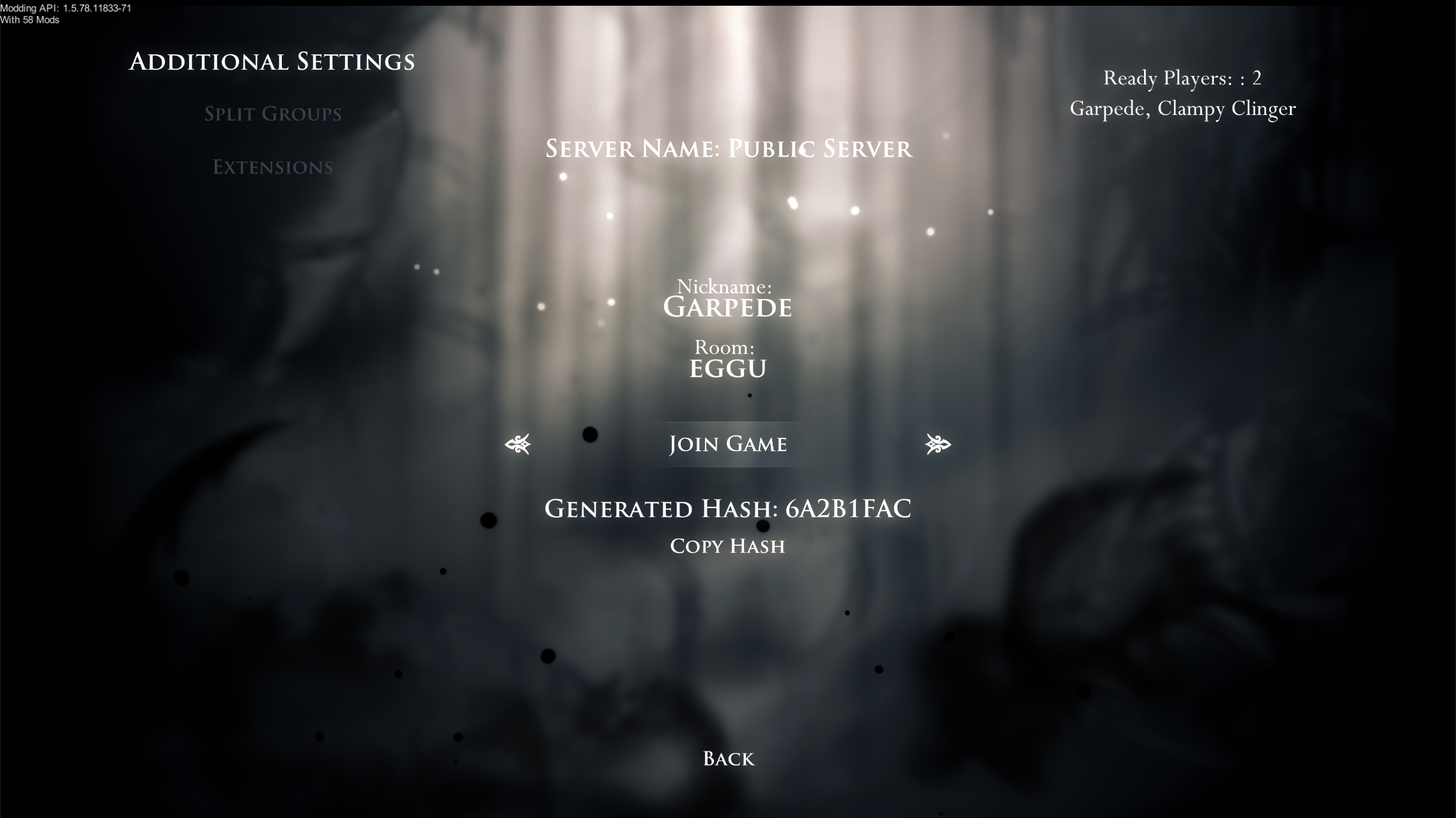 A screenshot of the Randomizer 4 multiworld menu after pressing Start MultiWorld. In the middle of the screen, there is a button labeled Join Game, which is highlighted. Just below it, there is a field labeled Generated Hash, containing the code 6A2B1FAC, and below that, there is a Copy Hash button.