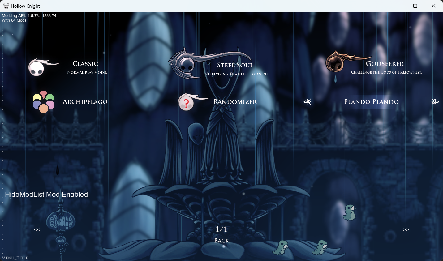 A screenshot of the Hollow Knight 1.5 gamemode select menu. The options are Classic, Steel Soul, Godseeker, Archipelago, Randomizer, and Plando Plando. Plando Plando is highlighted.