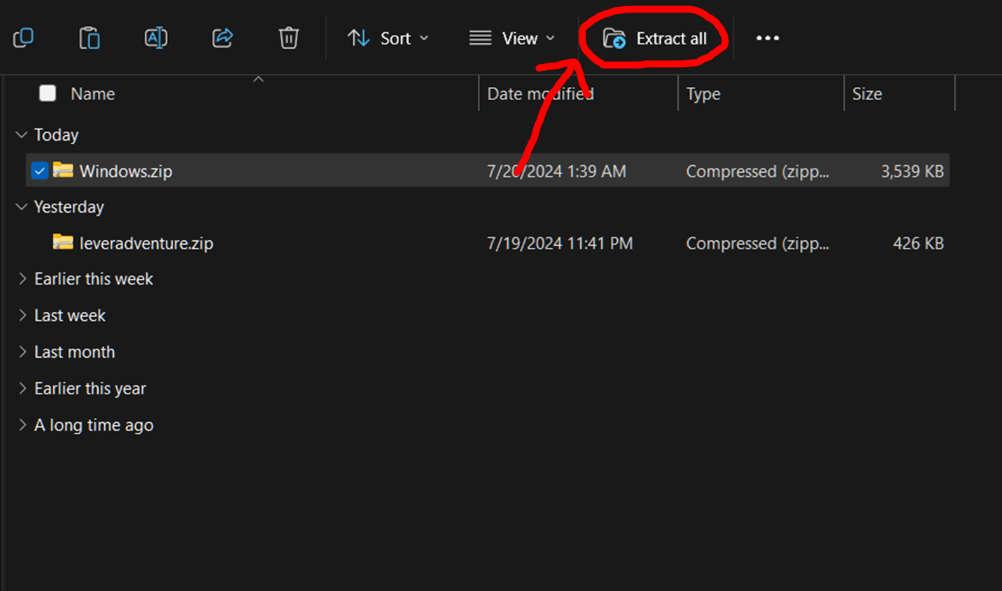 A screenshot of file explorer on Windows 11. A file named Windows.zip is selected. In the top right corner, a button reading 'extract all' is circled in red with an arrow pointing to it.