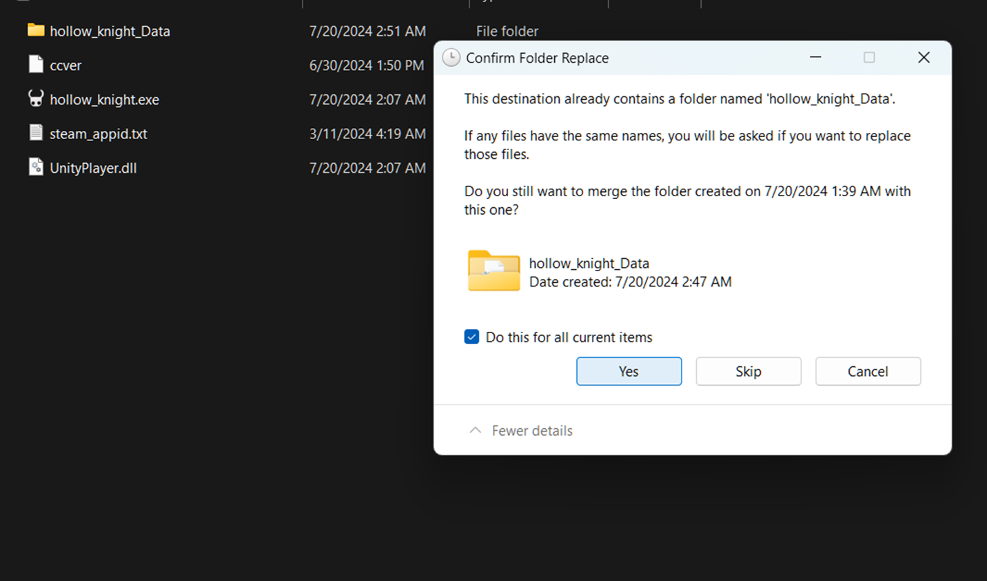 A screenshot of the game install folder on Windows 11. A popup is in front of the window asking the user to confirm that they want to merge the folder they're pasting with the existing hollow_knight_Data folder. The option to 'do this for all current items' is checked. The user has highlighted the 'yes' option at the bottom.