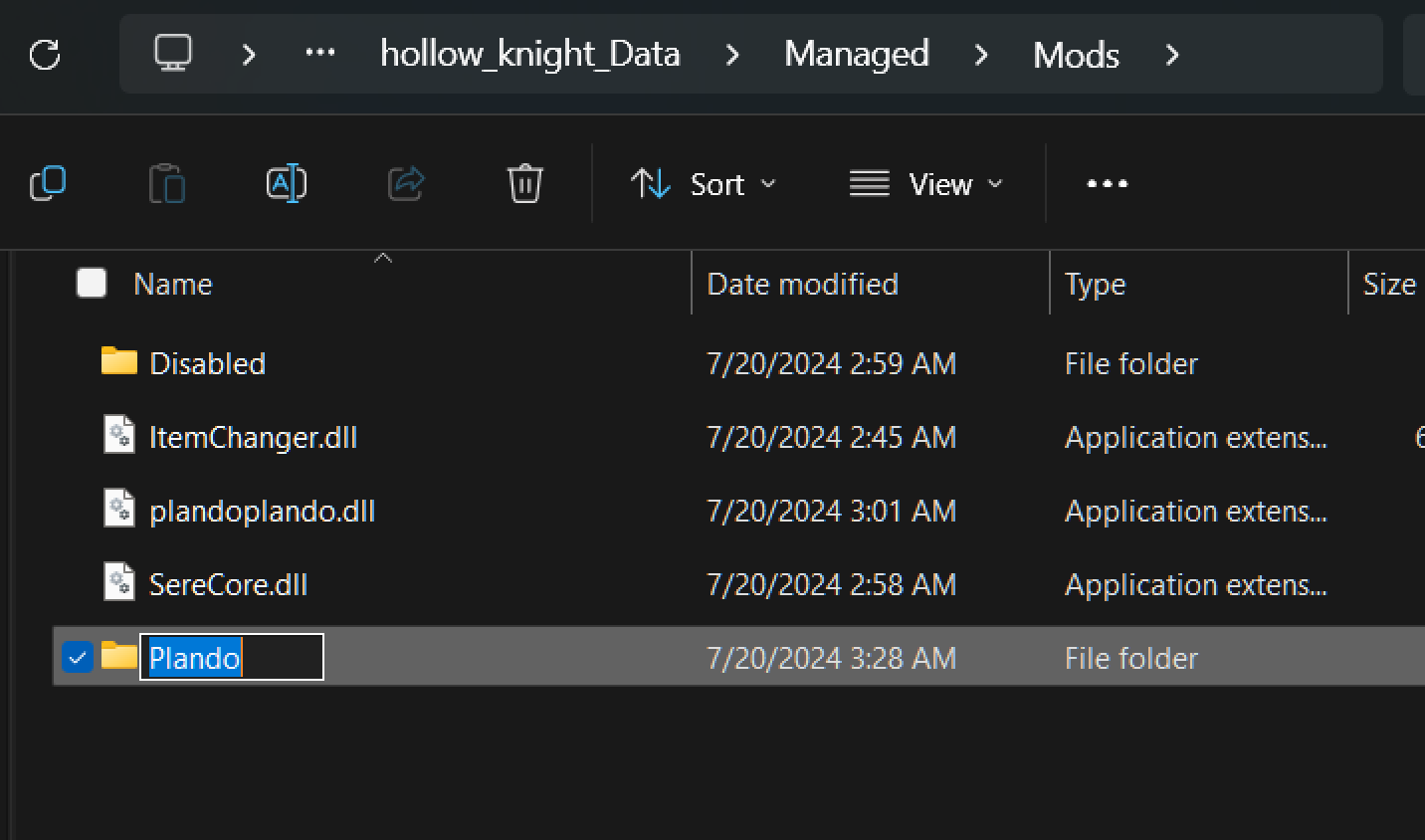 A screenshot of the contents of the mods folder. Below the list of mod DLLs, the user is in the process of naming a new folder 'Plando'.