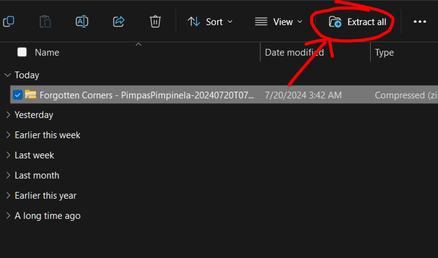 A screenshot of file explorer. The user has selected a zip folder named Forgotten Corners - PimpasPimpinela. In the top right corner, a button reading 'extract all' is circled in red with an arrow pointing to it.