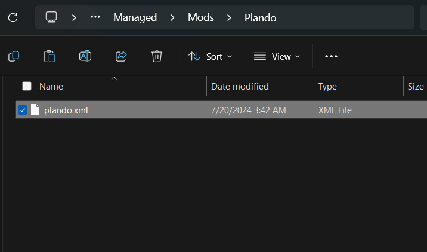 A screenshot of the plando folder. The folder contains the plando.xml file, which is highlighted.