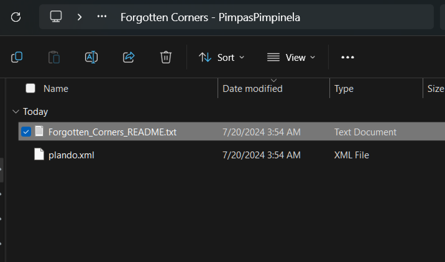 A screenshot of the contents of the Forgotten Corners - PimpasPimpinela folder after extracting it. The Forgotten Corners README file is highlighted.