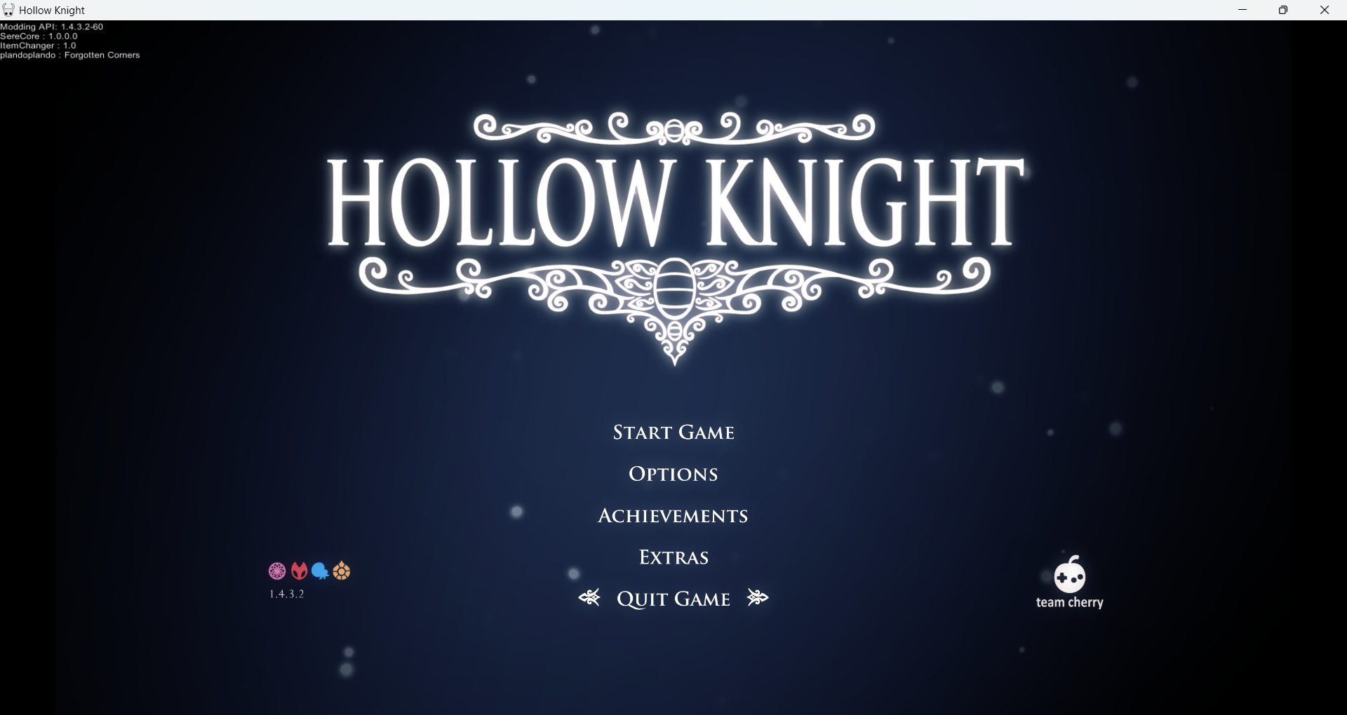 A screenshot of the Hollow Knight title screen on 1.4.3.2. In the top left corner, the Modding API version and list of mods are displayed. The text for plandoplando reads 'plandoplando: Forgotten Corners'.