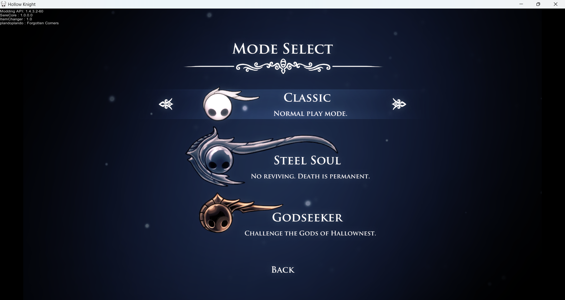 A screenshot of the mode select menu in Hollow Knight with three options: Classic, Steel Soul, and Godseeker. The Classic option is highlighted.