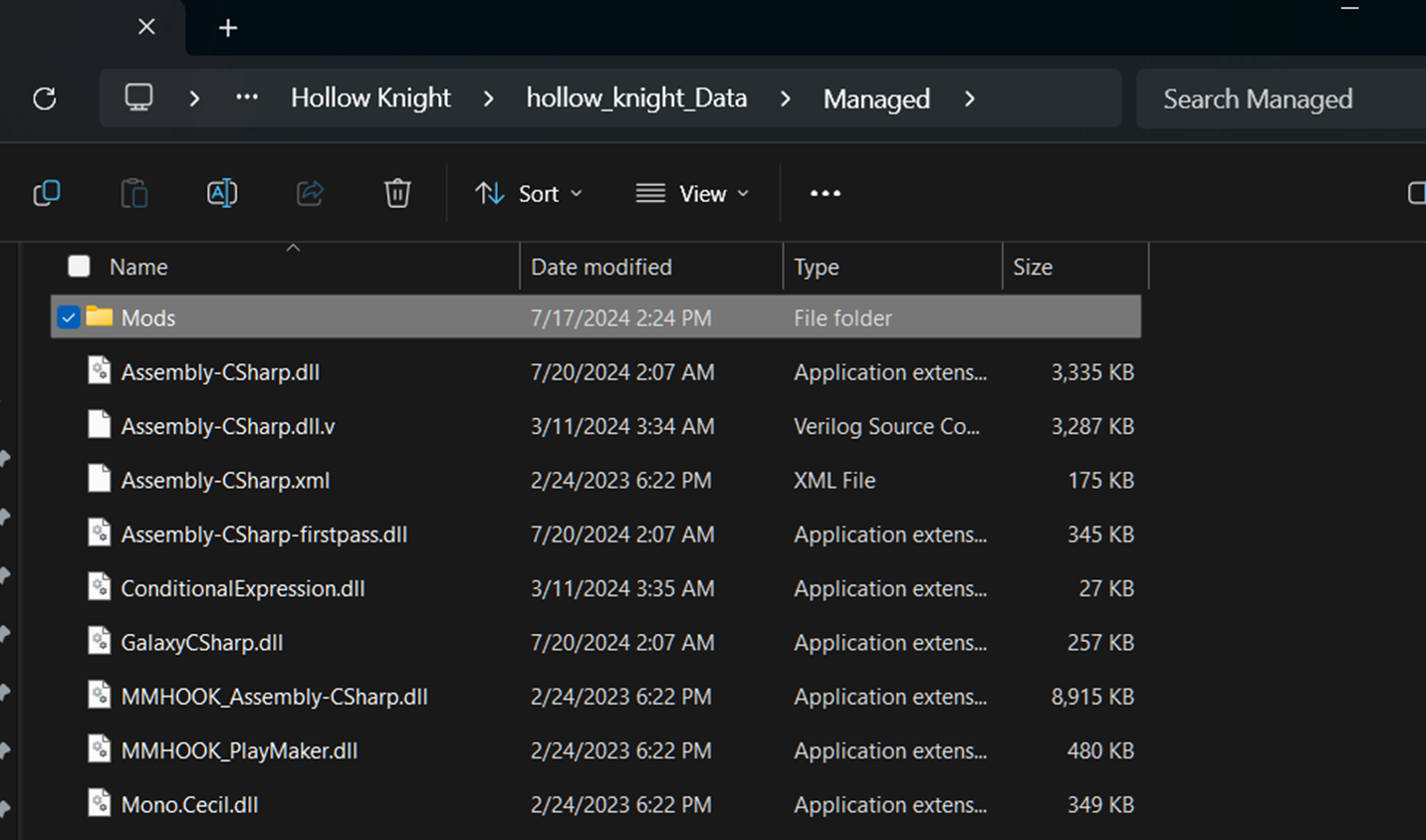 A screenshot of the contents of the hollow_knight_Data/Managed folder. The Mods subfolder is selected. Below it is a long list of DLL files.