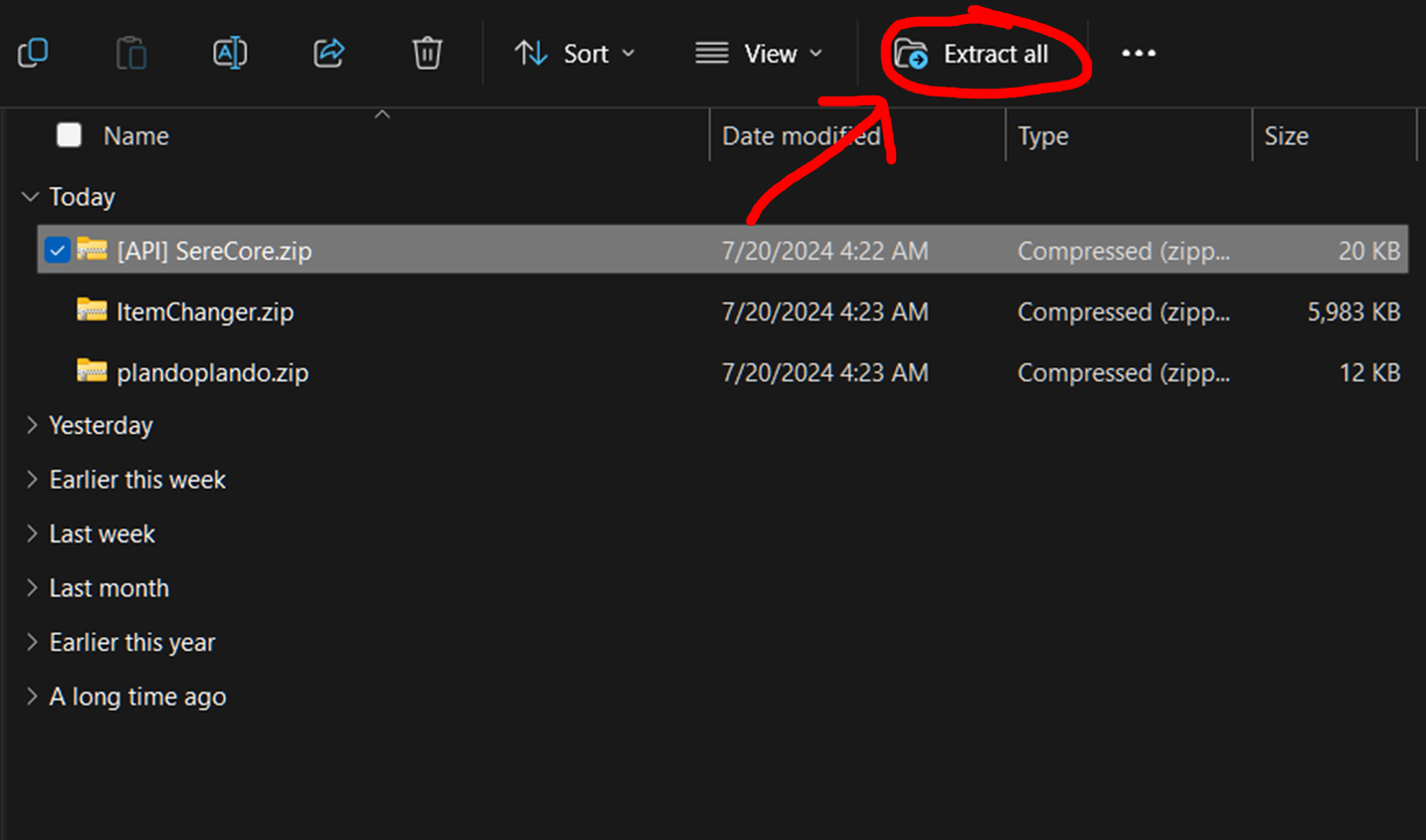 A screenshot of file explorer on Windows 11. There are 3 zip files corresponding to SereCore, ItemChanger, and PlandoPlando. In the top right corner, a button reading 'extract all' is circled in red with an arrow pointing to it.