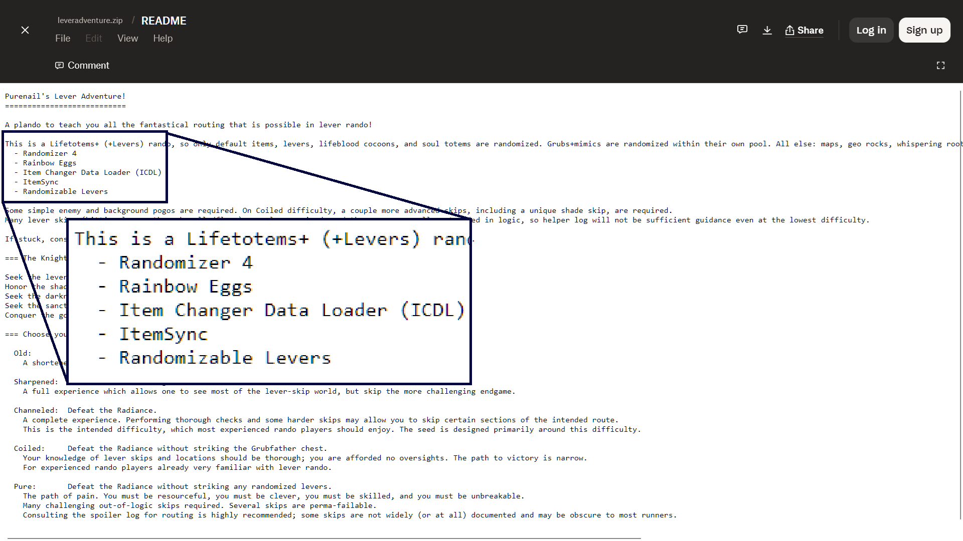 A screenshot of the Lever Adventure README. The section of the file listing the dependencies is magnified.