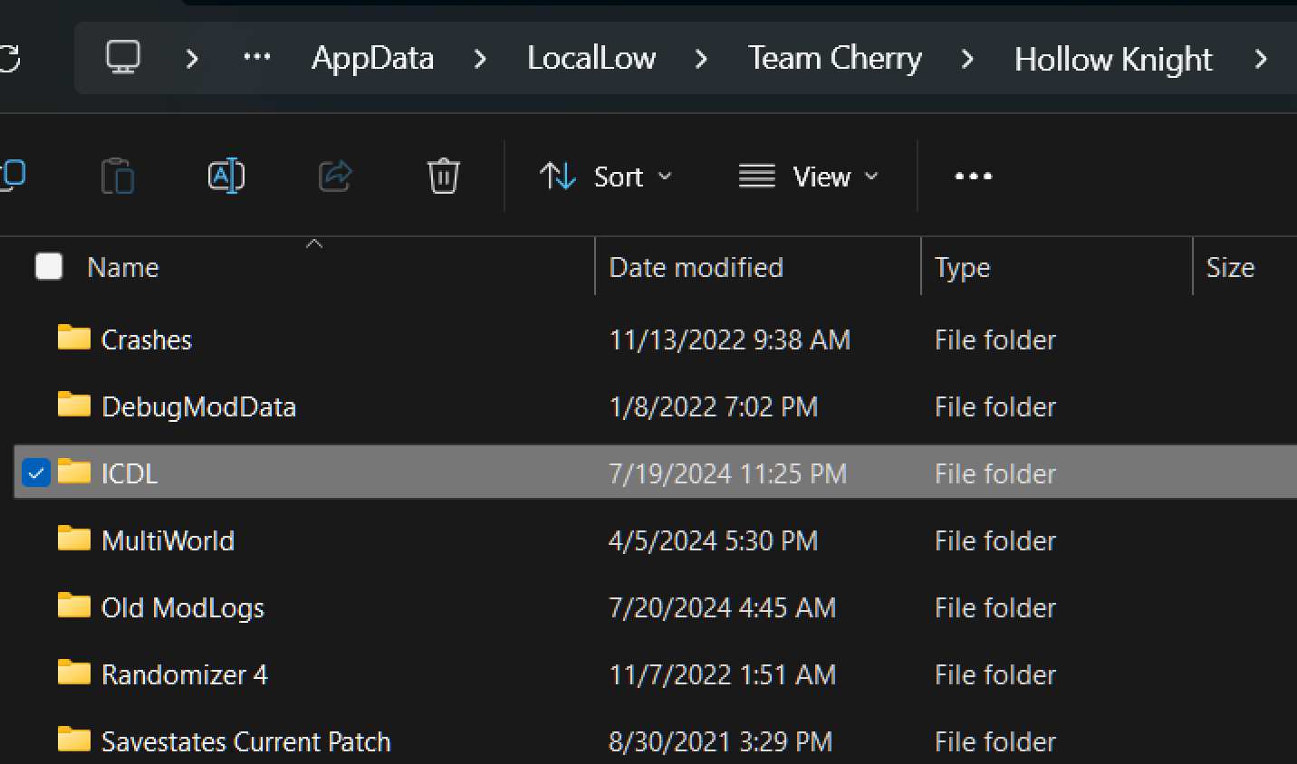 A screenshot of file explorer showing the Hollow Knight save file folder on Windows 11. There are a few subfolders visible, and the user has highlighted the one titled ICDL.