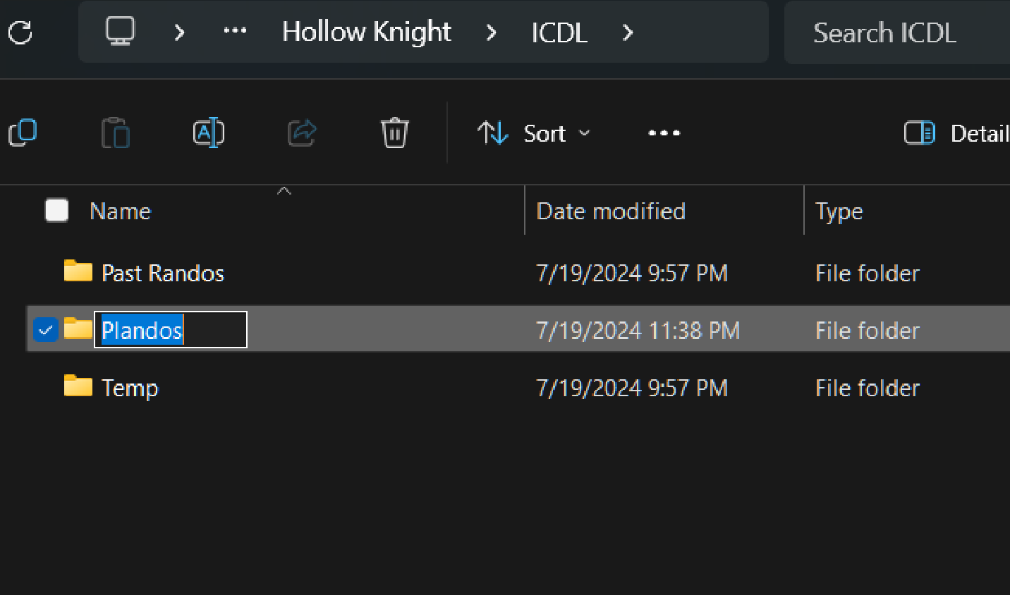 A screenshot of file explorer on Windows 11 showing the contents of the ICDL subfolder. There are three folders: Past Randos, Plandos, and Temp. The user is in the process of naming the Plandos folder after creating it.