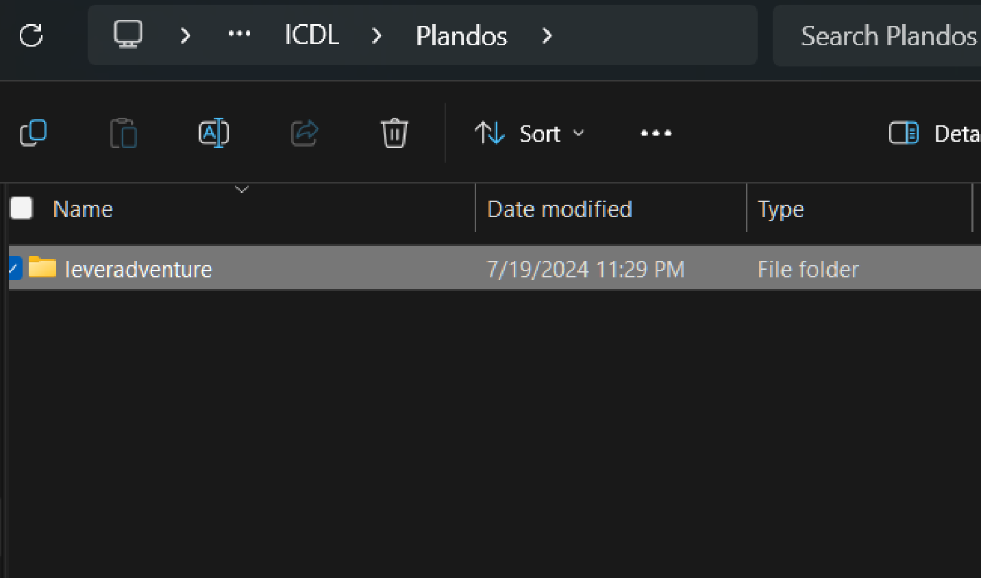 A screenshot of file explorer on Windows 11 showing the contents of the Plandos subfolder. The only folder in it is named 'leveradventure', which is highlighted.