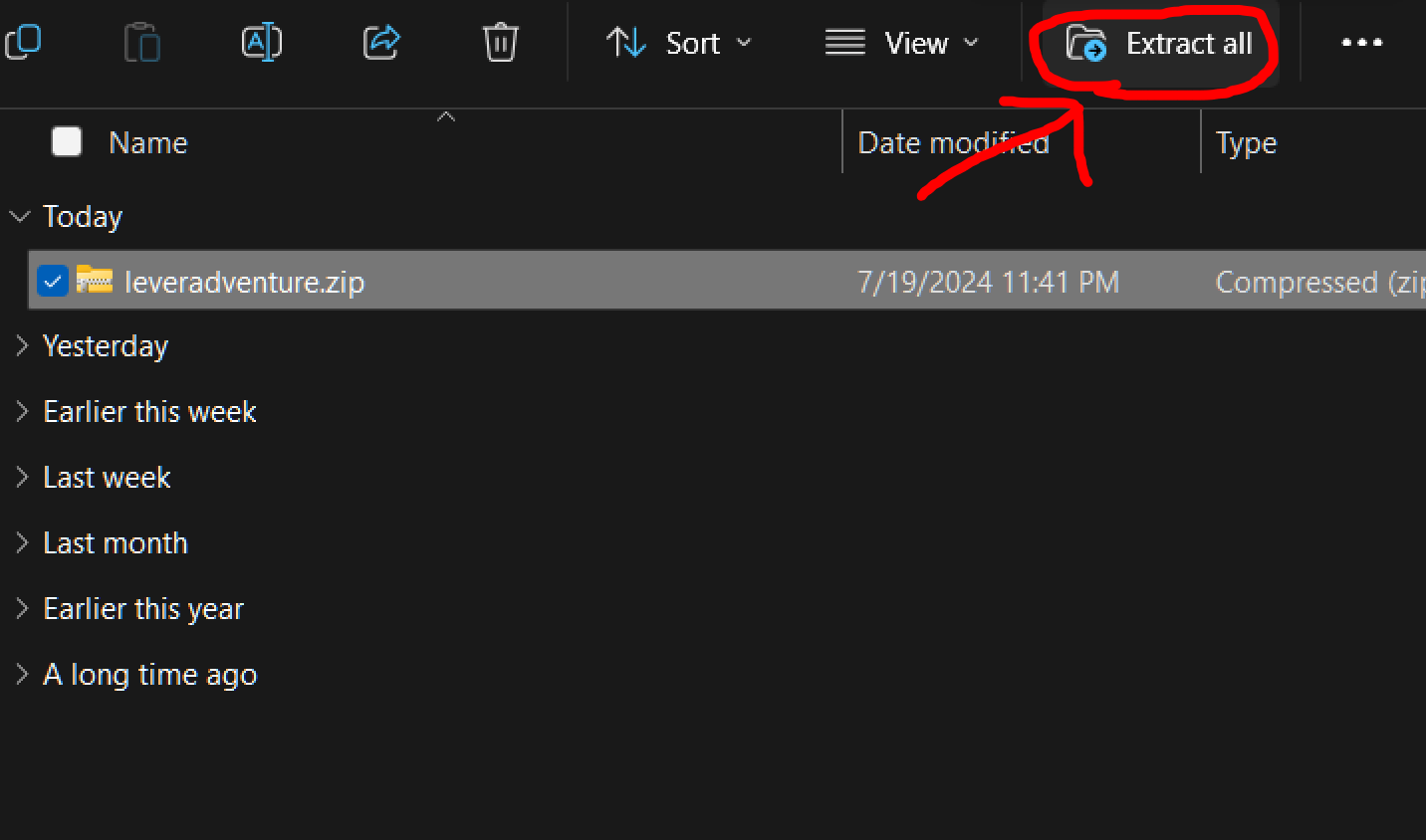 A screenshot of file explorer on Windows 11. A file named leveradventure.zip is selected. In the top right corner, a button reading 'extract all' is circled in red with an arrow pointing to it.