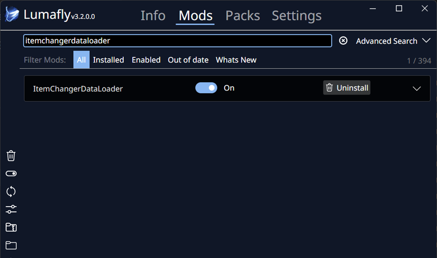 A screenshot of the Lumafly mod installer UI. The user has typed 'ItemChangerDataLoader' in the search bar. Below, the ICDL mod is listed, with a toggle showing that the mod is enabled.