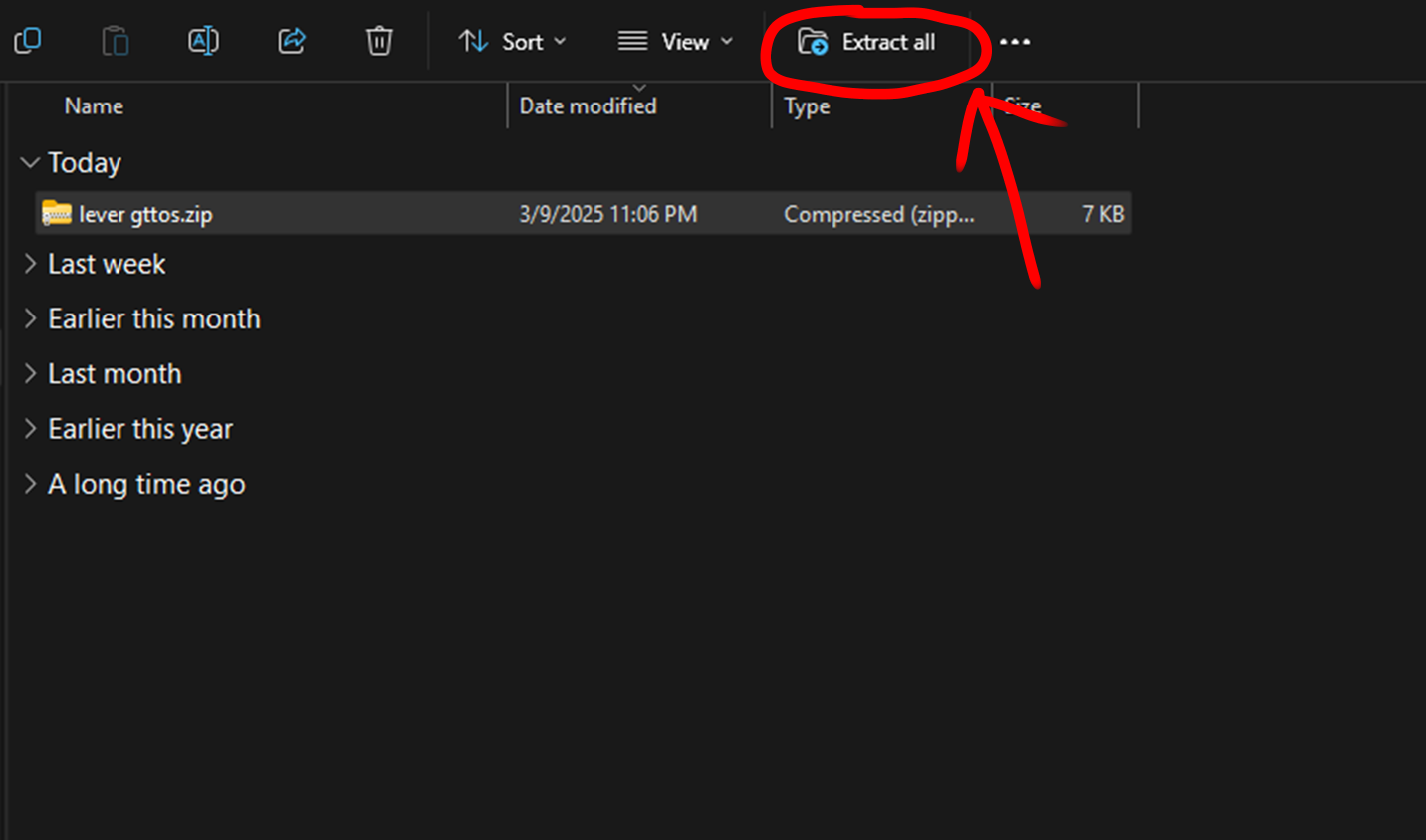 A screenshot of file explorer on Windows 11. A file named lever gttos.zip is selected. In the top right corner, a button reading 'extract all' is circled in red with an arrow pointing to it.