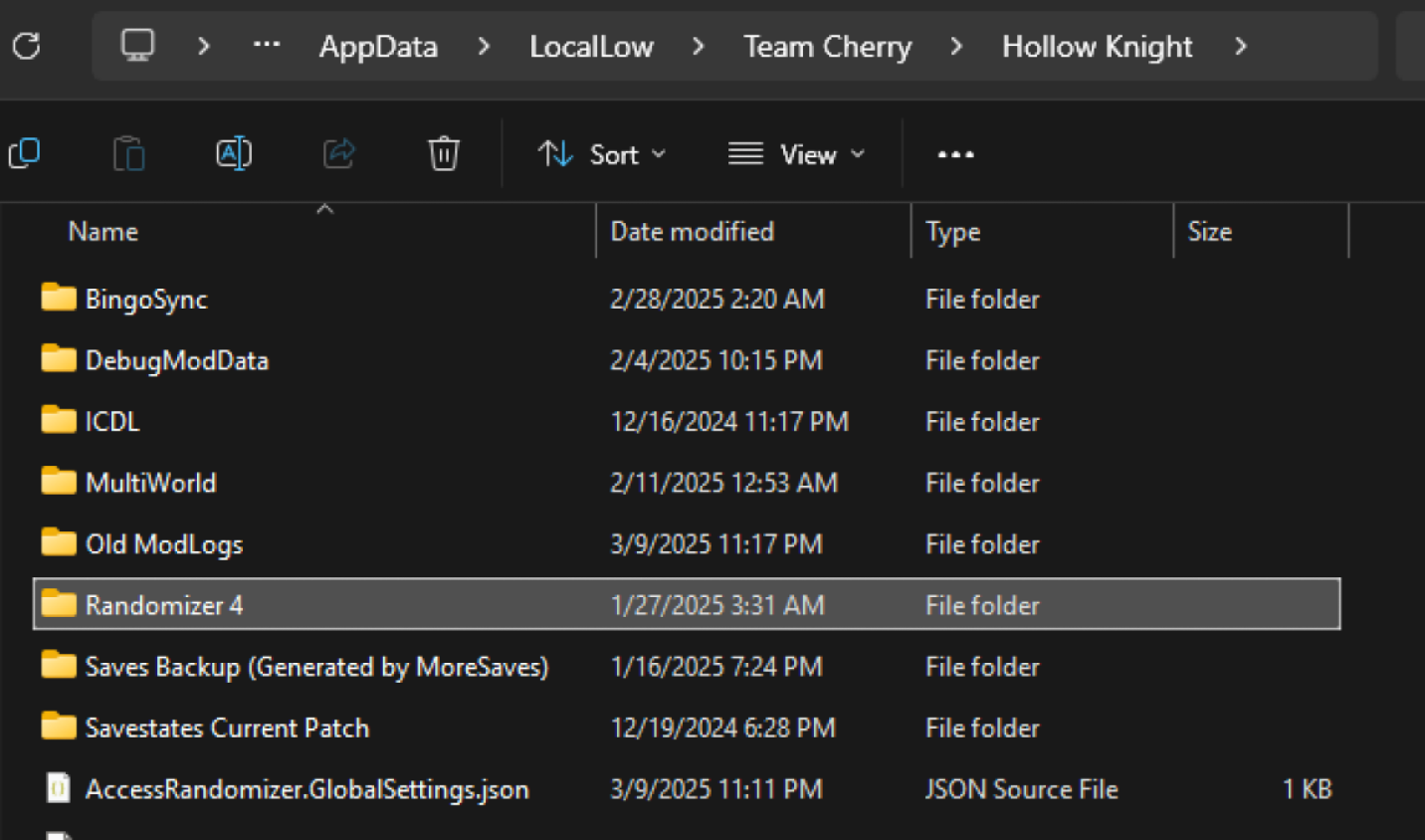 A screenshot of file explorer showing the Hollow Knight save file folder on Windows 11. There are a few subfolders visible, and the user has highlighted the one titled Randomizer 4.