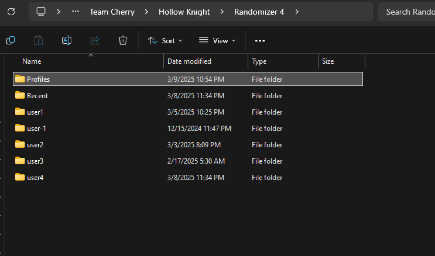 A screenshot of file explorer on Windows 11 showing the contents of the Randomizer 4 subfolder. There are a few subfolders visible, and the user has highlighted the one titled Profiles.