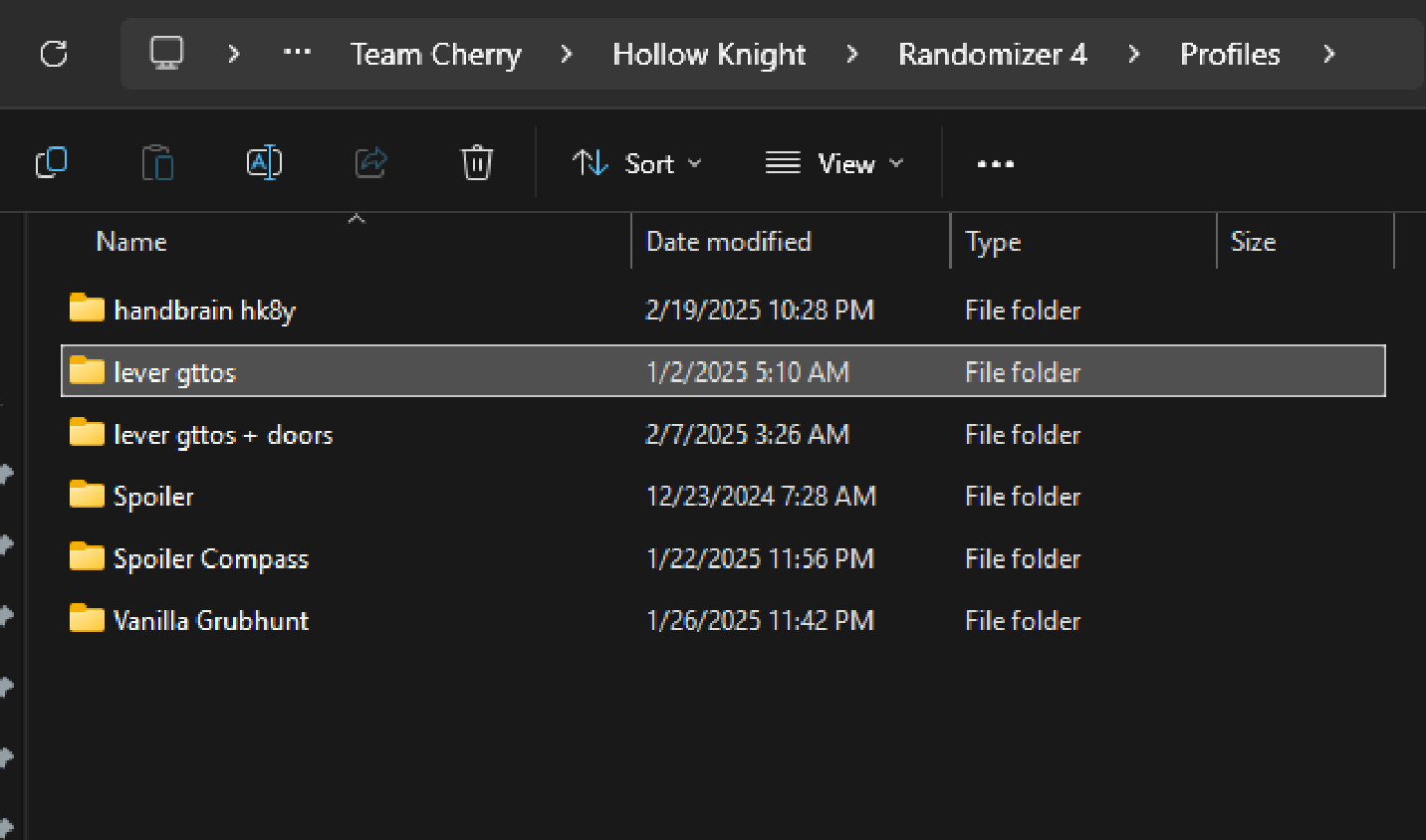 A screenshot of file explorer on Windows 11 showing the contents of the Profiles subfolder. A folder named 'lever gttos' is in that folder, which the user has highlighted.