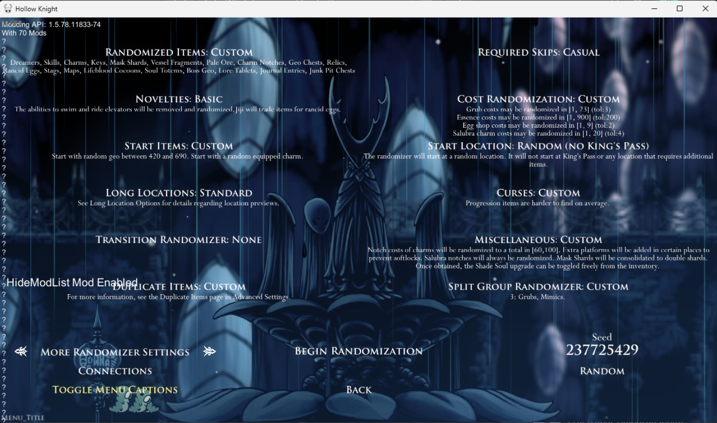 A screenshot of the randomizer settings menu in Hollow Knight. The user has More Randomizer Settings highlighted.