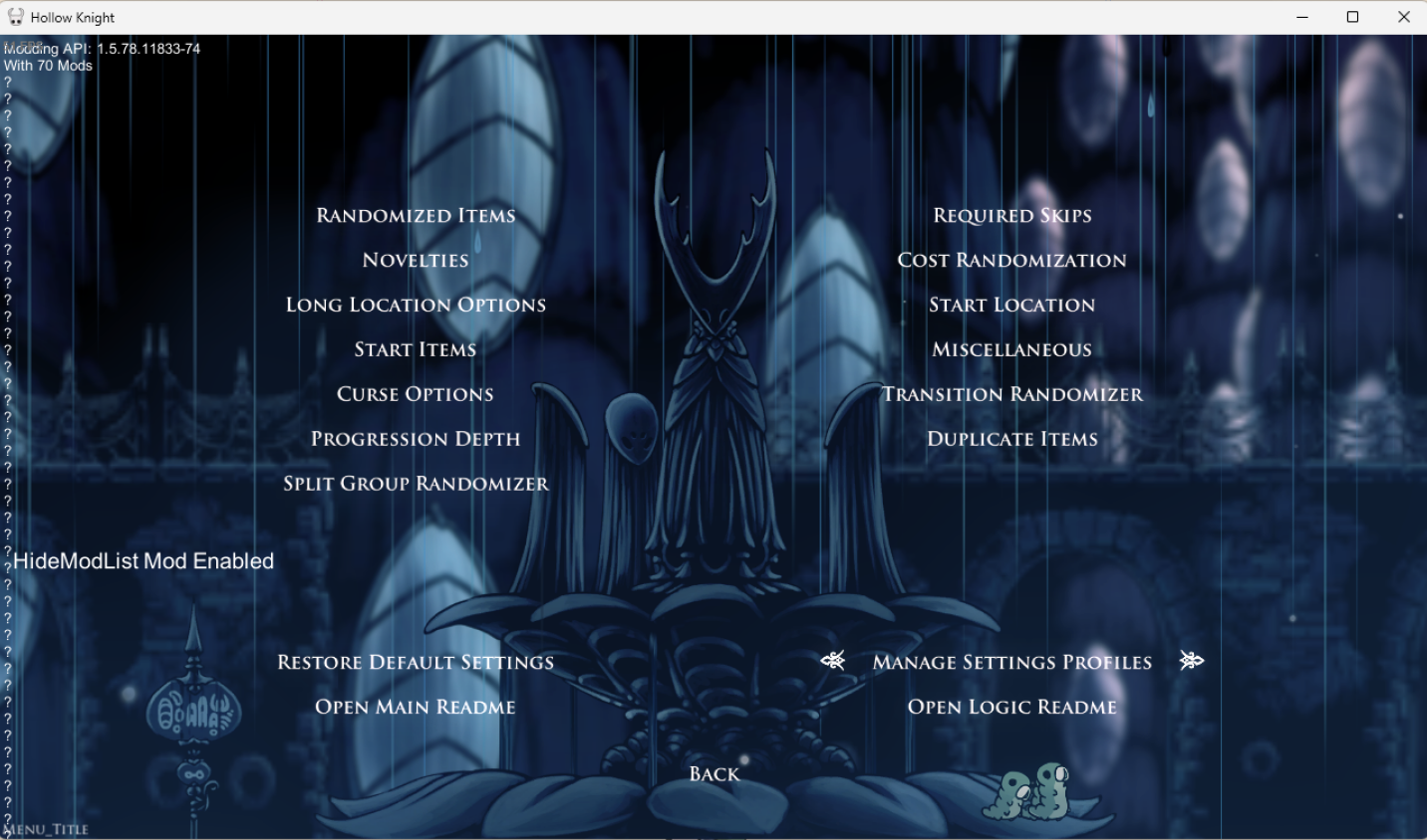 A screenshot of the more randomizer settings menu in Hollow Knight. The user has Manage Settings Profiles highlighted.