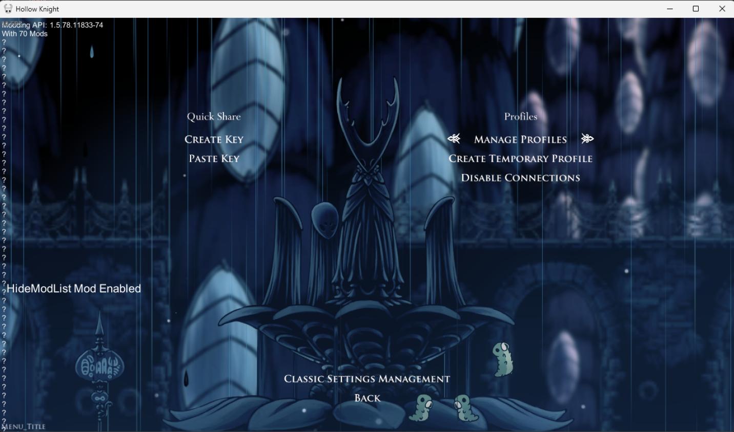 A screenshot of the manage settings profiles menu in Hollow Knight. The user has Manage Profiles highlighted.