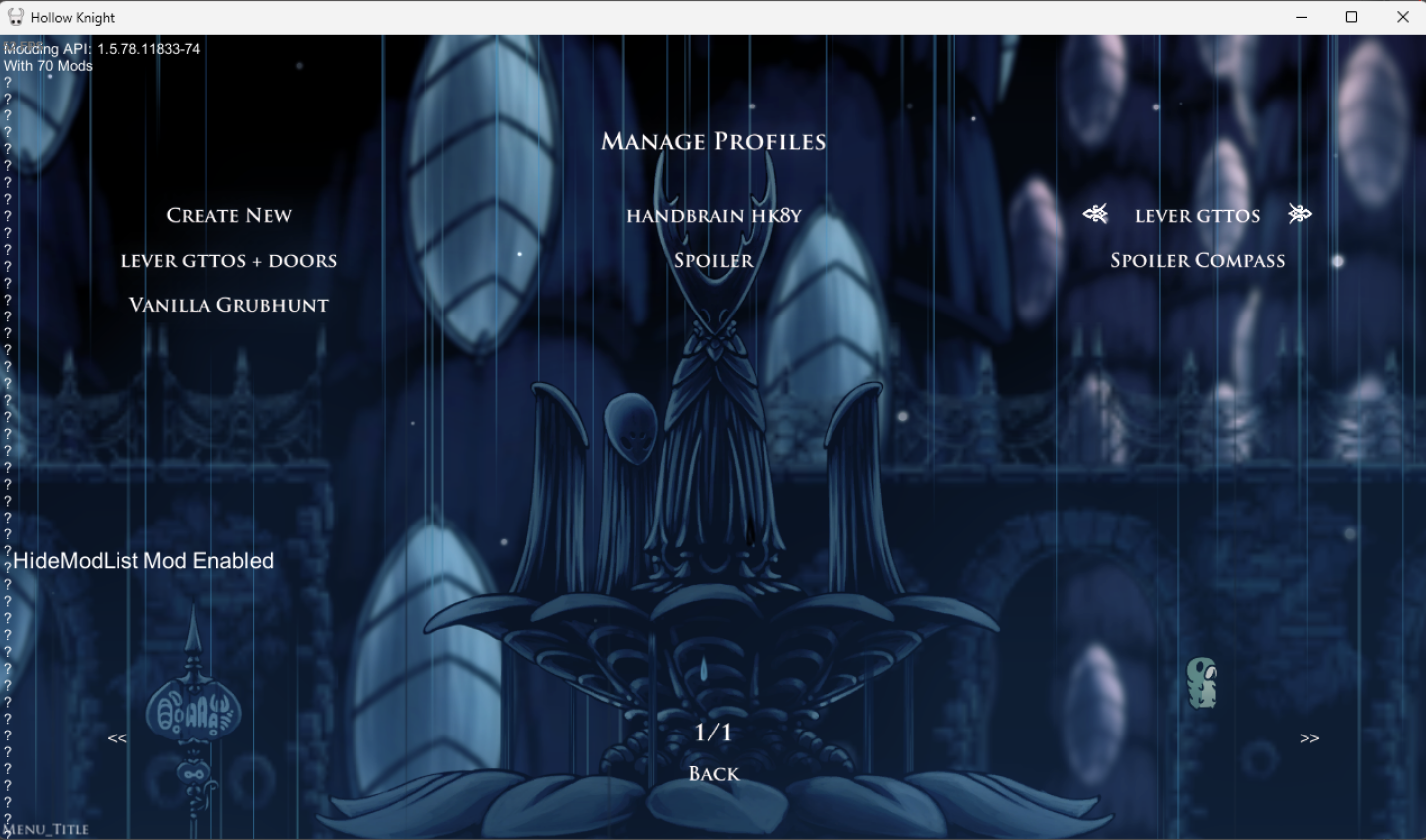 A screenshot of the manage profiles menu in Hollow Knight. The user has their Lever GTTOS profile highlighted.