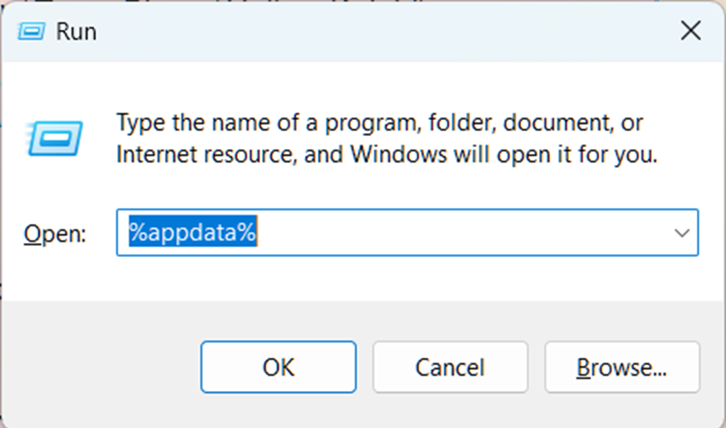 A screenshot of the run command window on Windows 11. The text at the top reads 'type the name of a program, folder, document, or internet resource, and Windows will open it for you.' There is an input field below, where the user has filled in '%appdata%' At the bottom, the options are OK, Cancel, and Browse. The user has highlighted OK.